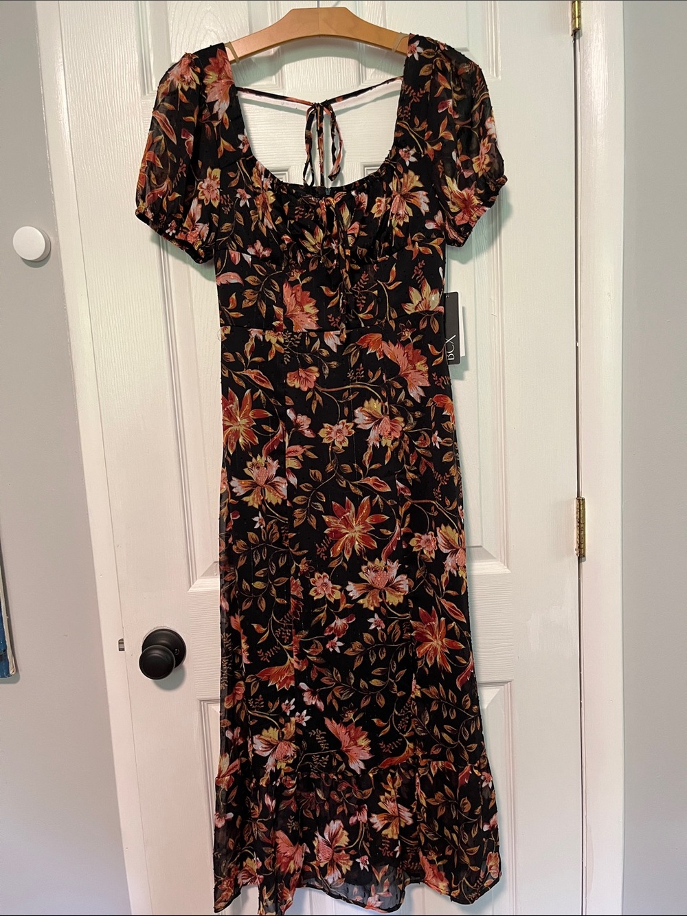 BCX Black Maxi Dress with Pink & Rust Floral Pattern